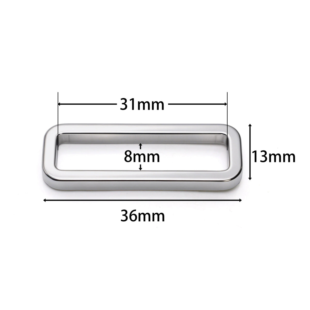 Close-up of stainless steel square ring bag hardware, 8x31mm