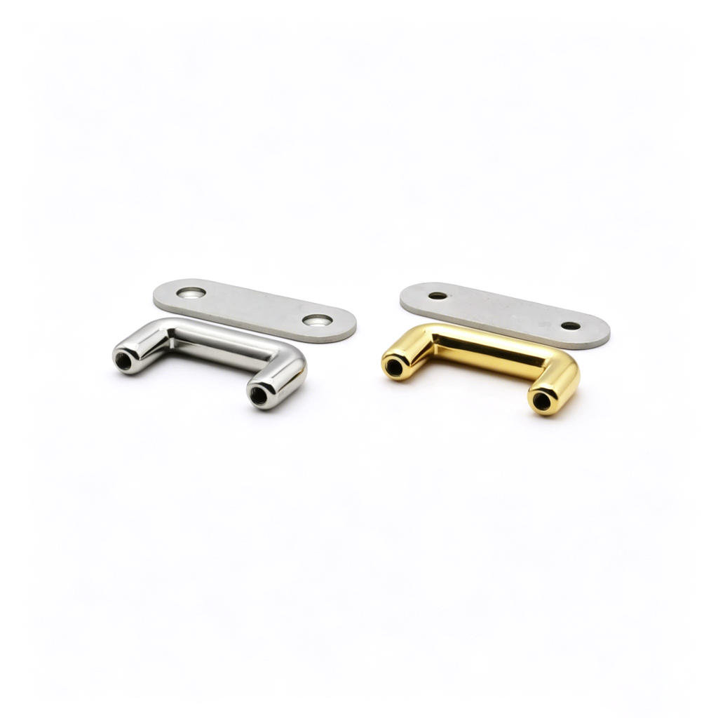 Bridge handle mounts with back plate for case hardware