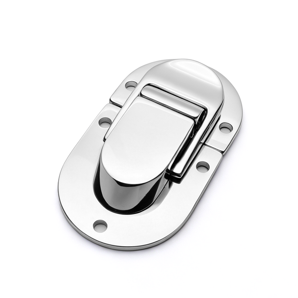 Close-up of oval press lock clasp for cases