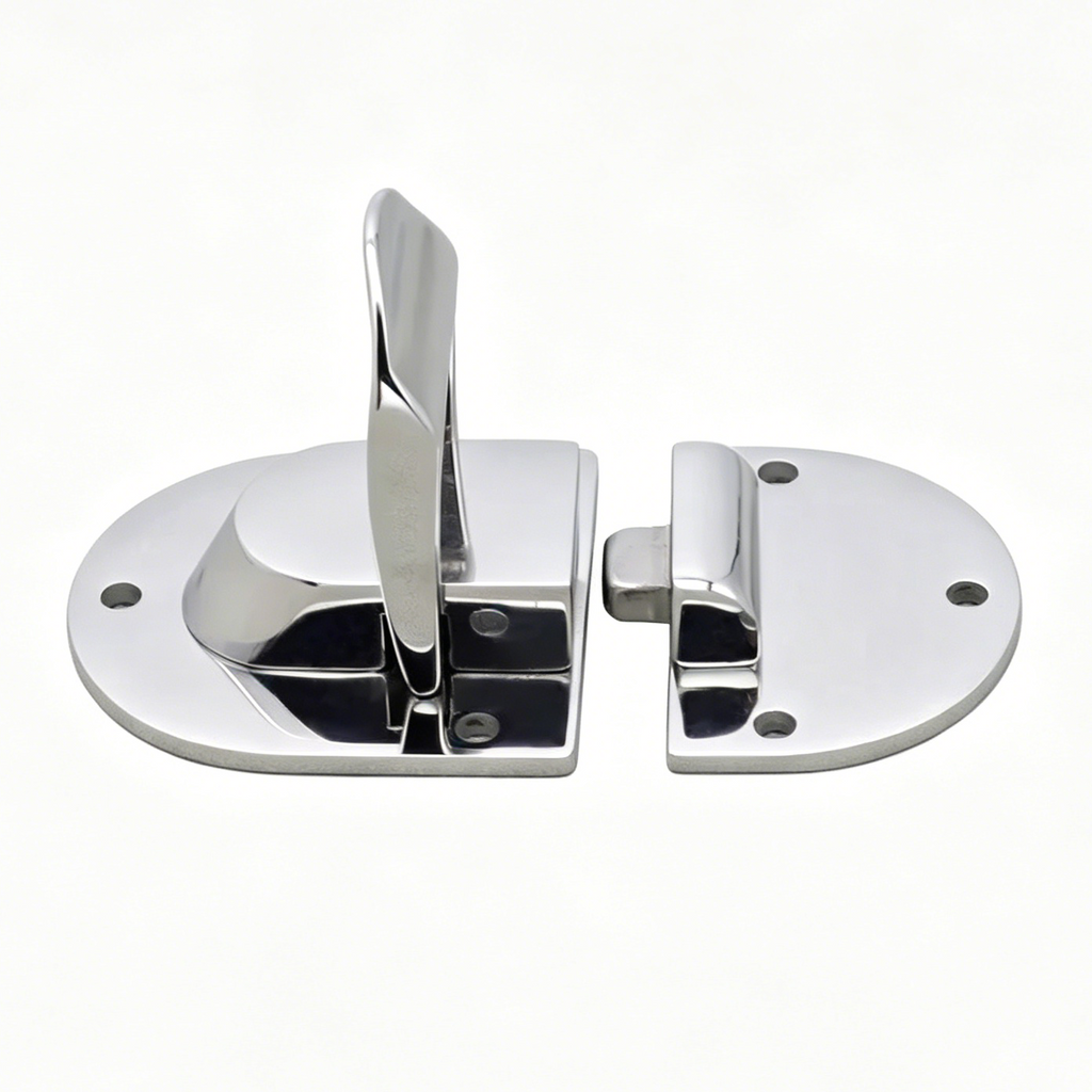 Oval press lock hardware with back plate and latch