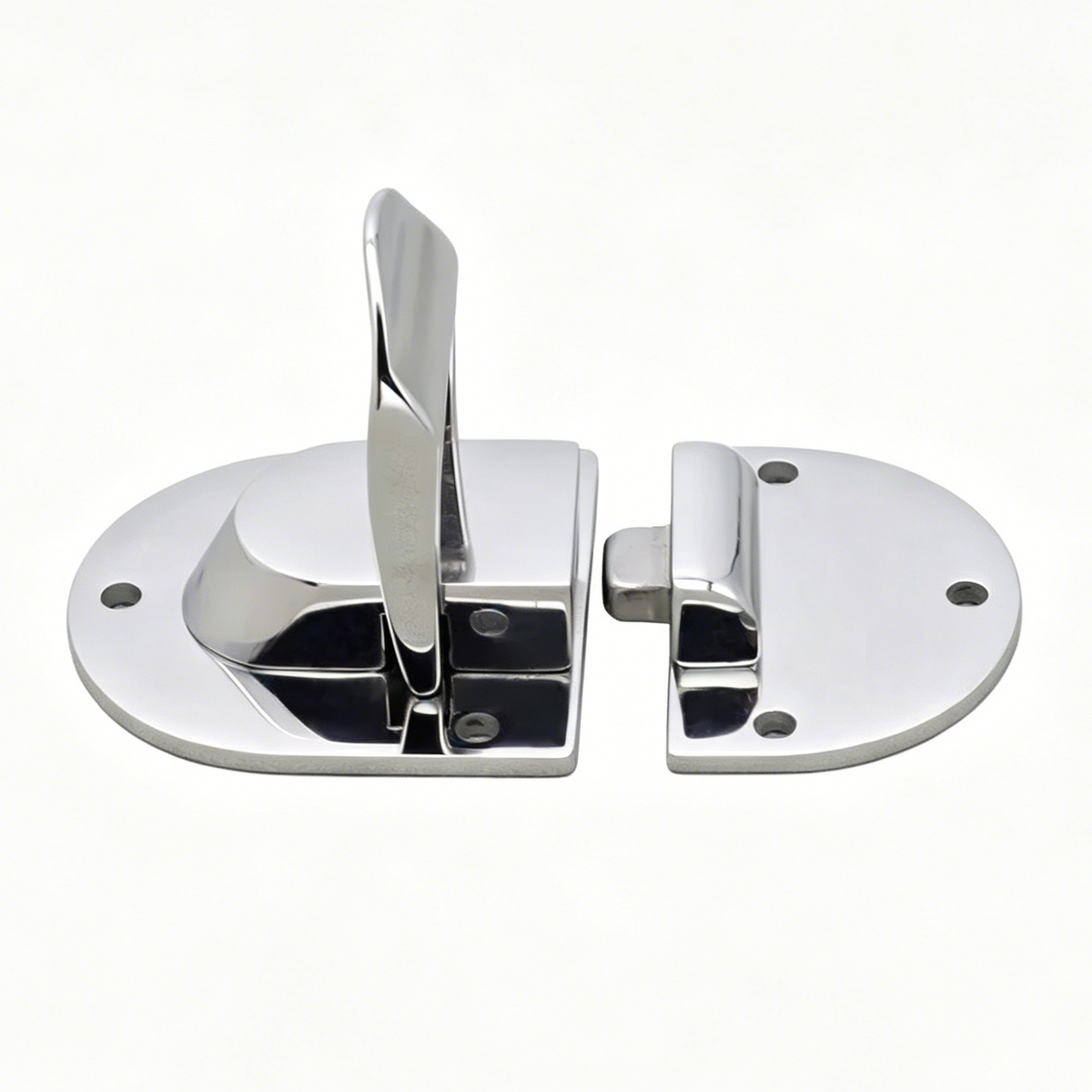 Oval press lock hardware with back plate and latch