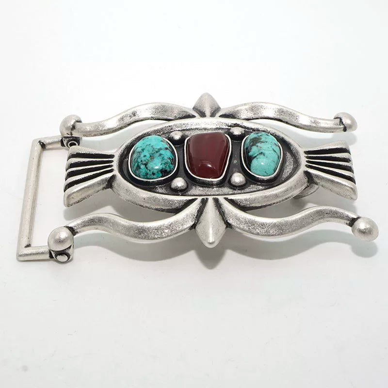Solid Brass Antique Silver Plated Vintage Turquoise Belt Buckle