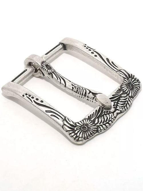 Solid Brass Antique Silver Plated Vintage Carved Pin Buckle 36mm