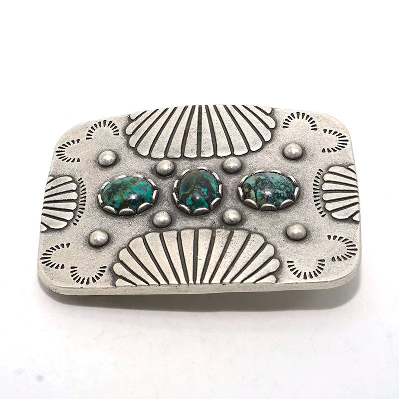 Solid Brass Antique Silver Plated Vintage Turquoise Belt Buckle
