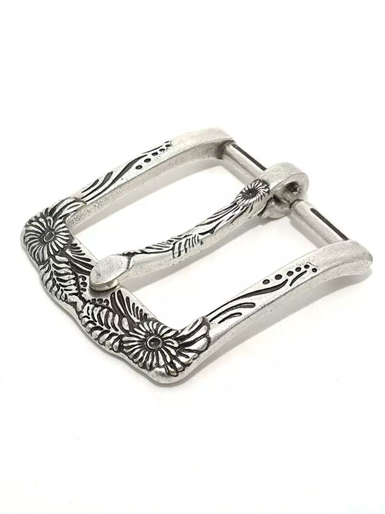 Solid Brass Antique Silver Plated Vintage Carved Pin Buckle 36mm