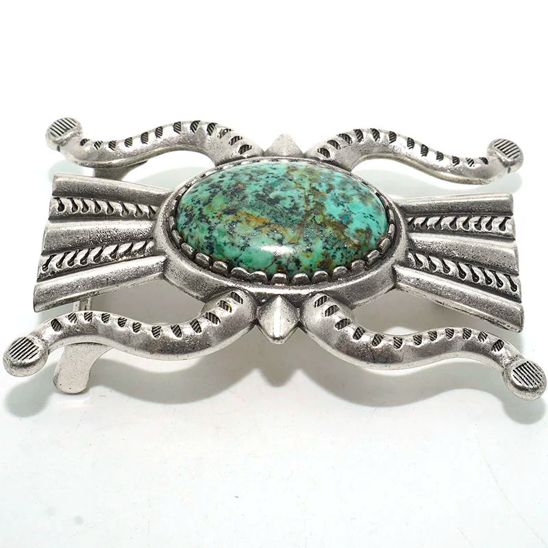 Solid Brass Antique Silver Plated Vintage Turquoise Belt Buckle