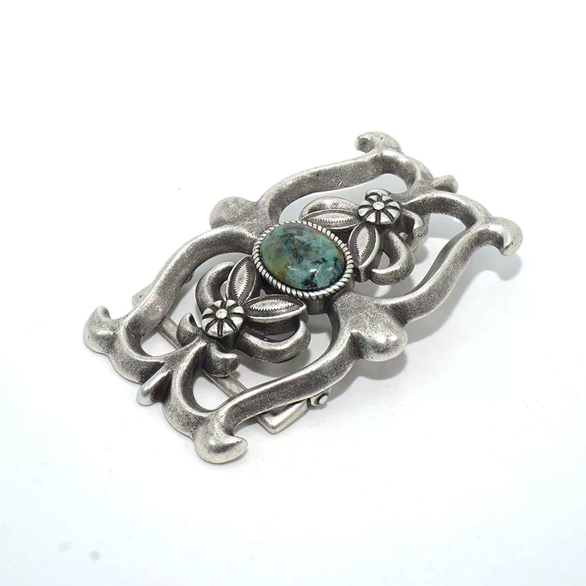Solid Brass Antique Silver Plated Turquoise Belt Buckle for 37mm Strap