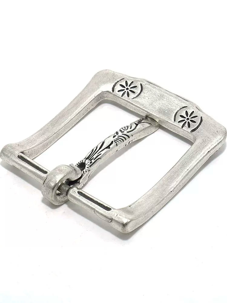 Solid Brass Antique Silver Plated Vintage Carved Pin Buckle 36mm