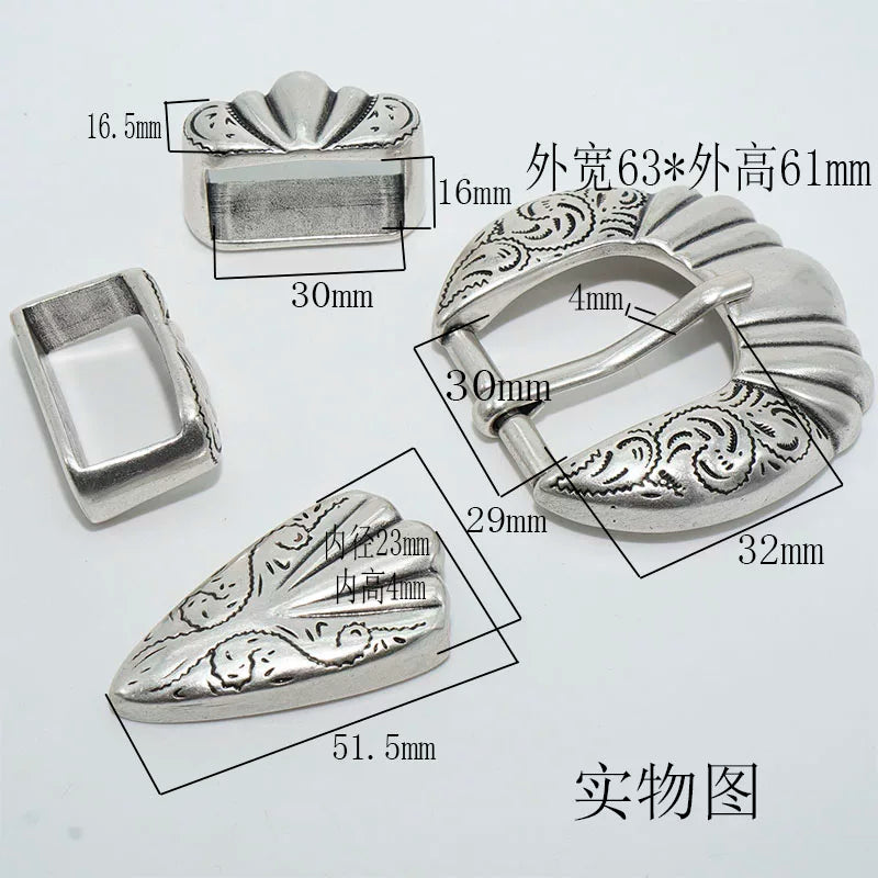 Solid Brass Antique Silver Plated Vintage Carved Pin Buckle 30mm