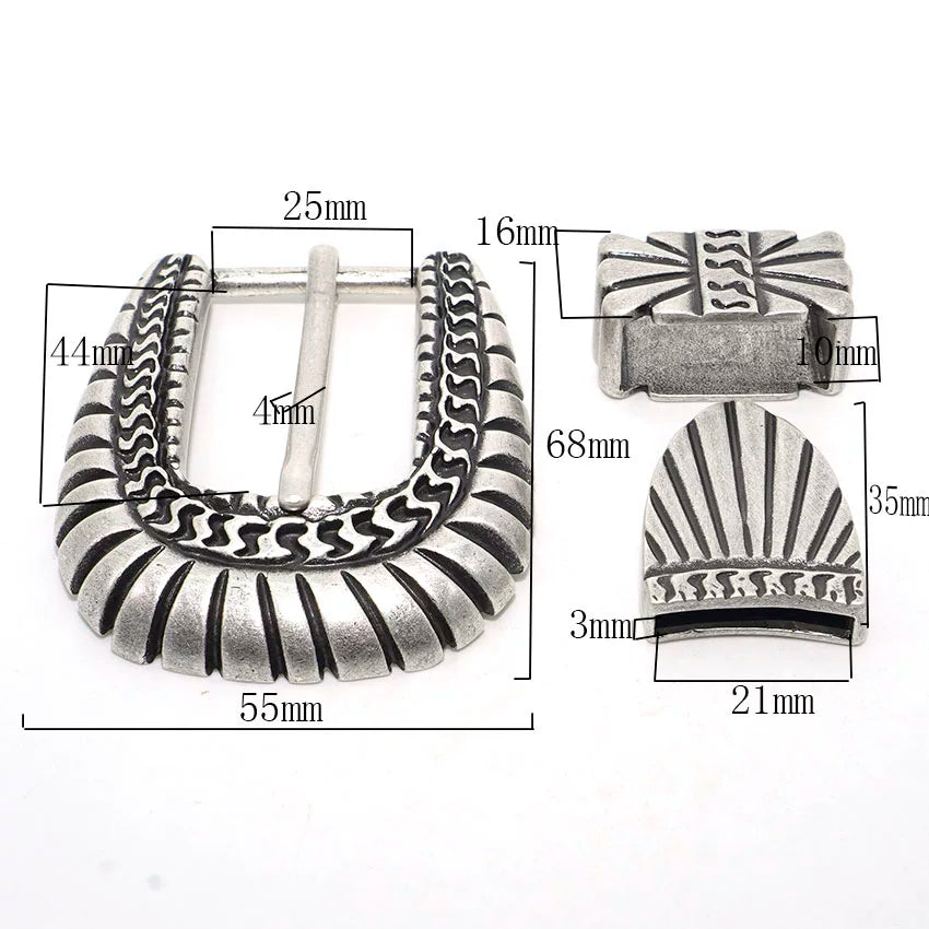 Solid Brass Antique Silver Plated Vintage Pin Buckle 3-Piece Set