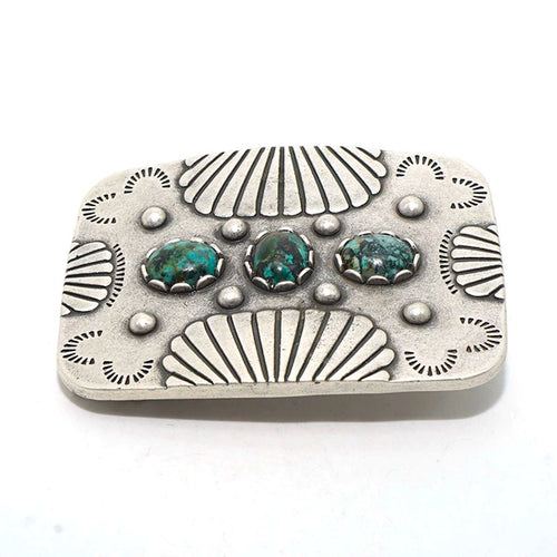 Solid Brass Antique Silver Plated Vintage Turquoise Belt Buckle