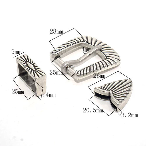 Solid Brass Antique Silver Plated Western Belt Buckle 25mm 3-Piece Set