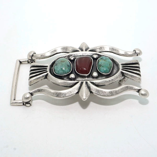 Solid Brass Antique Silver Plated Vintage Turquoise Belt Buckle