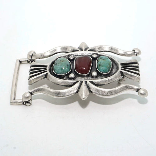 Solid Brass Antique Silver Plated Vintage Turquoise Belt Buckle
