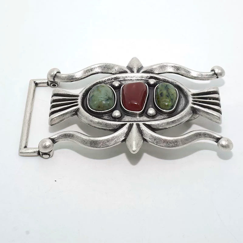Solid Brass Antique Silver Plated Vintage Turquoise Belt Buckle