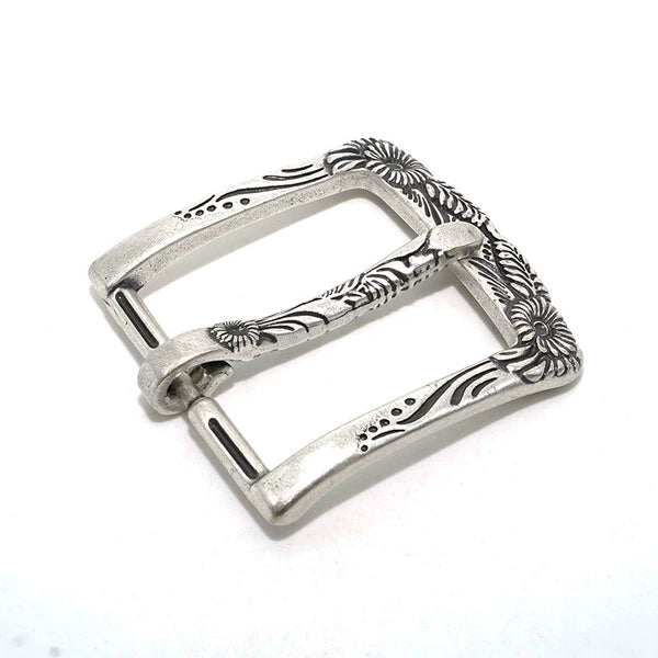 Solid Brass Antique Silver Plated Vintage Carved Pin Buckle 36mm