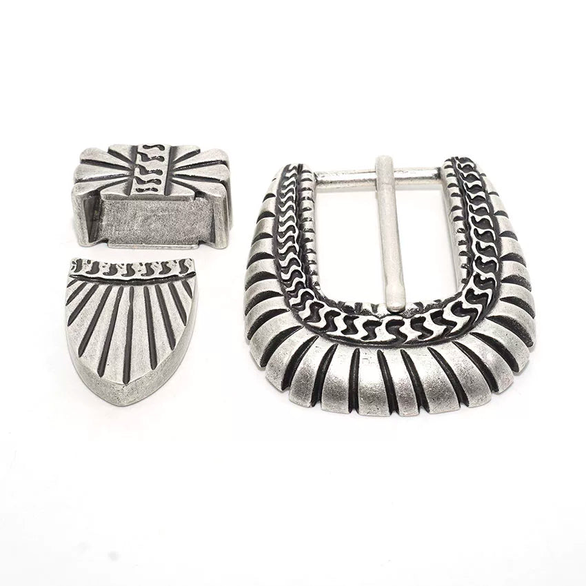 Solid Brass Antique Silver Plated Vintage Pin Buckle 3-Piece Set