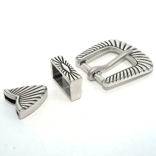 Solid Brass Antique Silver Plated Western Belt Buckle 25mm 3-Piece Set