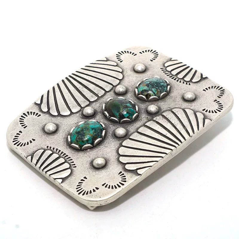 Solid Brass Antique Silver Plated Vintage Turquoise Belt Buckle