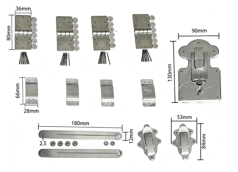 Trunk hardware kit showing metal brackets and clasp parts