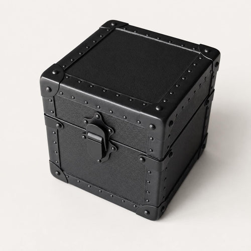 Black lockable wooden jewelry trunk with stainless steel hardware